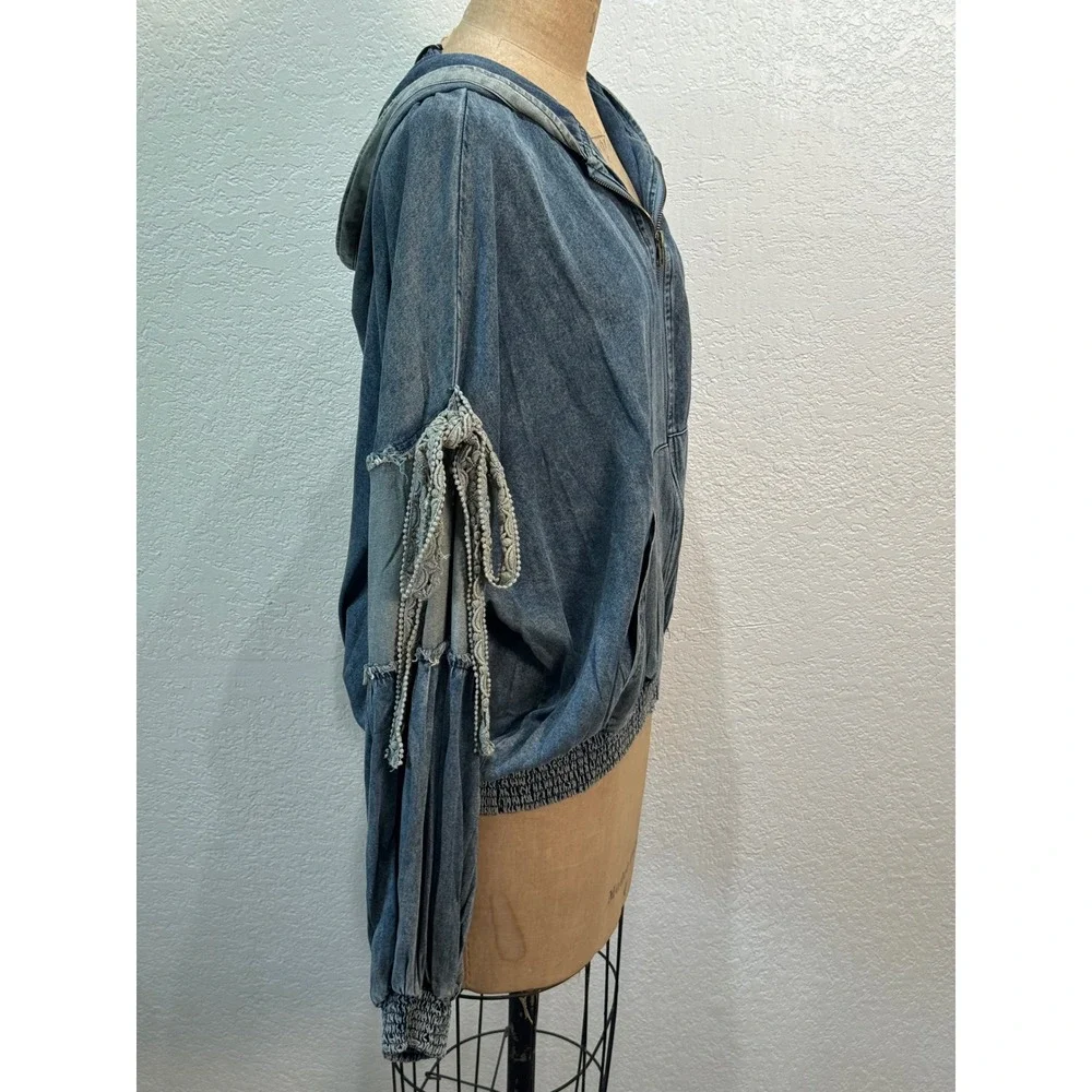 Jaded Gypsy Tied About Jacket Chambray Blue‎ Denim Zip Hoodie Lace S/M NWT